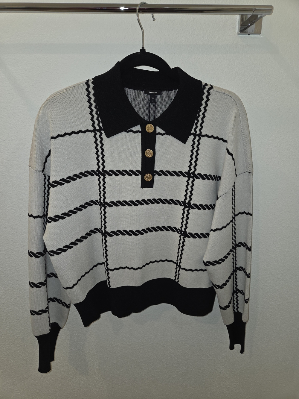Express Black and Cream Plaid Polo Sweater with Gold Buttons